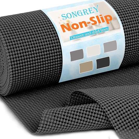 Songrey Non-Adhesive Drawer and Shelf Liner, Non Slip Cabinet Liners, Protect Kitchen Cupboard, Bathroom Drawers, Breathable, Thick Strong Grip mat (17.5IN x 10FT, Black)