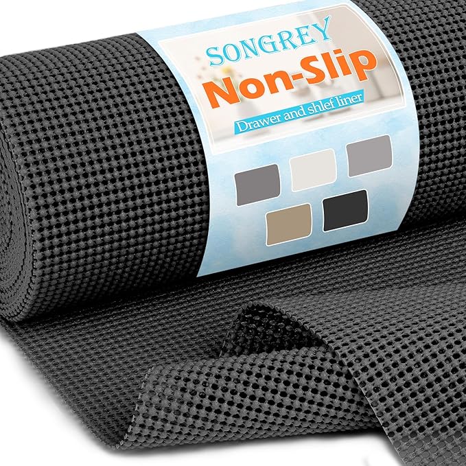 Songrey Non-Adhesive Drawer and Shelf Liner, Non Slip Cabinet Liners, Protect Kitchen Cupboard, Bathroom Drawers, Breathable, Thick Strong Grip mat (20IN x 10FT, Black)
