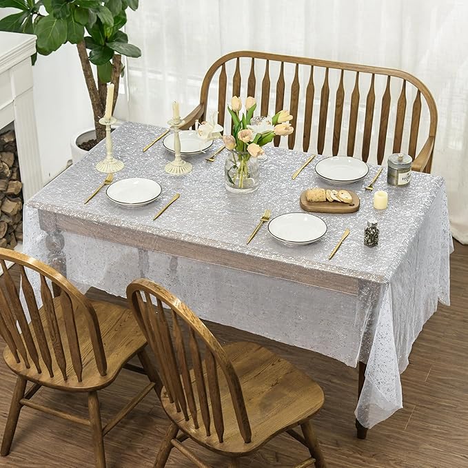 Horaldaily White Silver Gauze Tablecloth 60x84 Inch Rectangular, Silver Sequin Glitter Metallic Foil, Sheer Tulle Cheesecloth for Wedding Baby Shower Ceremony Birthday