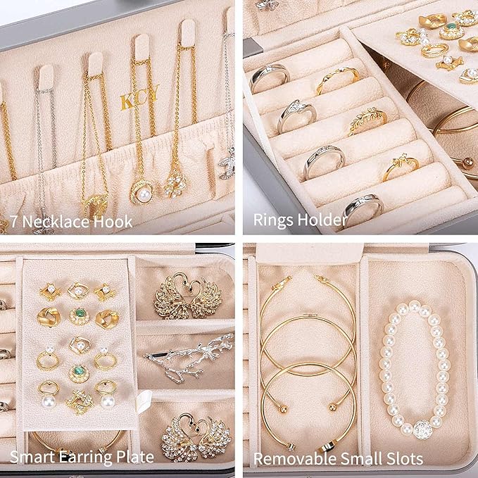 KCY Travel Jewelry Organizer Box for Women Girls, Small Travel Jewelry Case, PU Leather Portable Jewellery Storage Boxes Display Holder for Ring Earrings Necklace Bracelet Bangle, Gifts,Grey