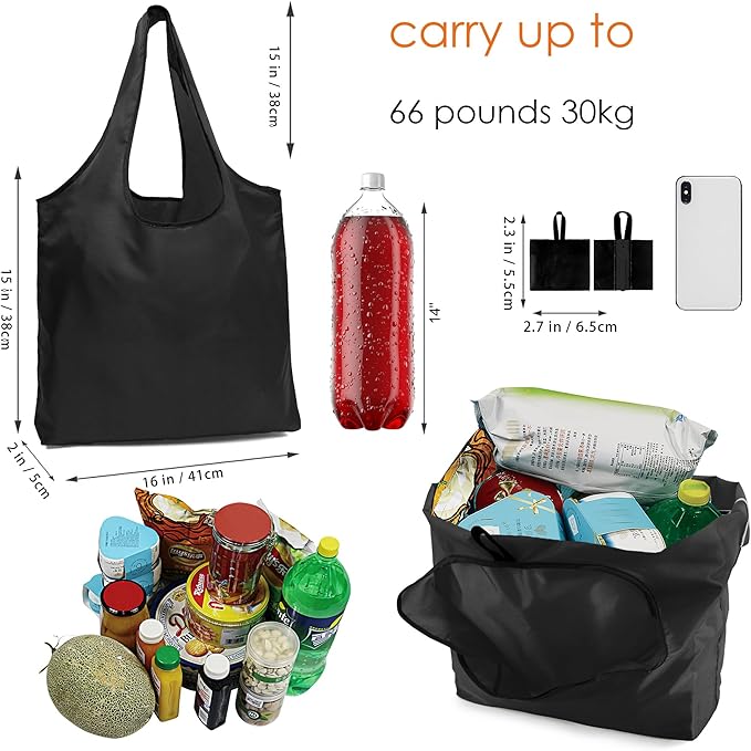 BeeGreen Black Ultimate Reusable Grocery Shopping Bag - Large Capacity Tote Bag - Compact Portable Machine Washable