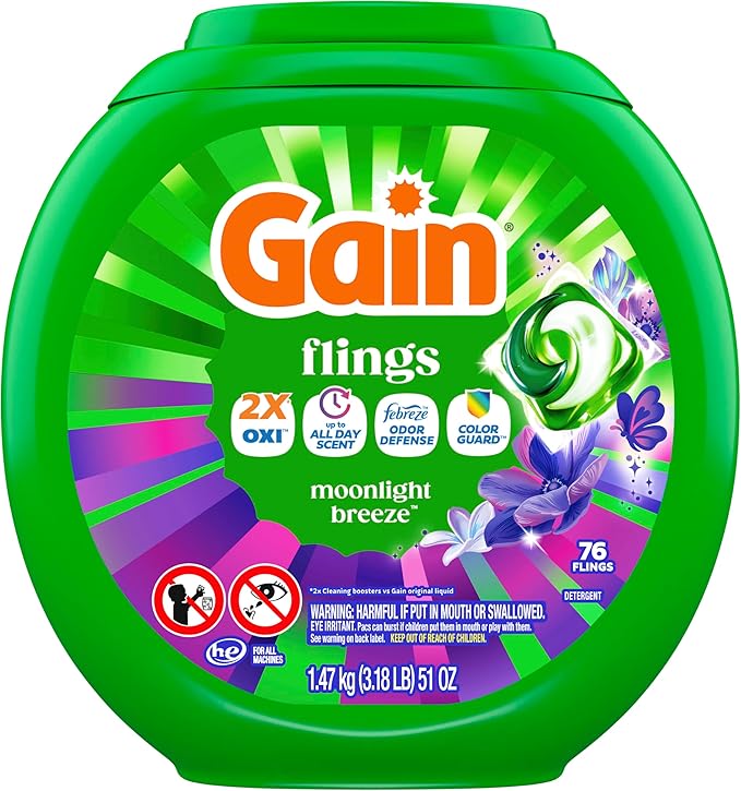 Gain Flings Liquid Washing Detergent Pods with Odor Defense + Color Guard, Moonlight Breeze Scent, 4-In-1 Liquid Laundry Detergent Pacs, Clean & Fresh, 76 Count (Packaging May Vary)