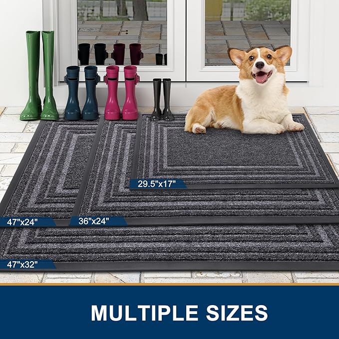Buganda Front Door Mat Indoor Outdoor Entrance, Non-Slip Natural Rubber Doormats, Easy Clean, Low Profile, Dirt Trapper Entryway Floor Mats for Outside, Garages and Patios, 29.5x17, Silver Grey