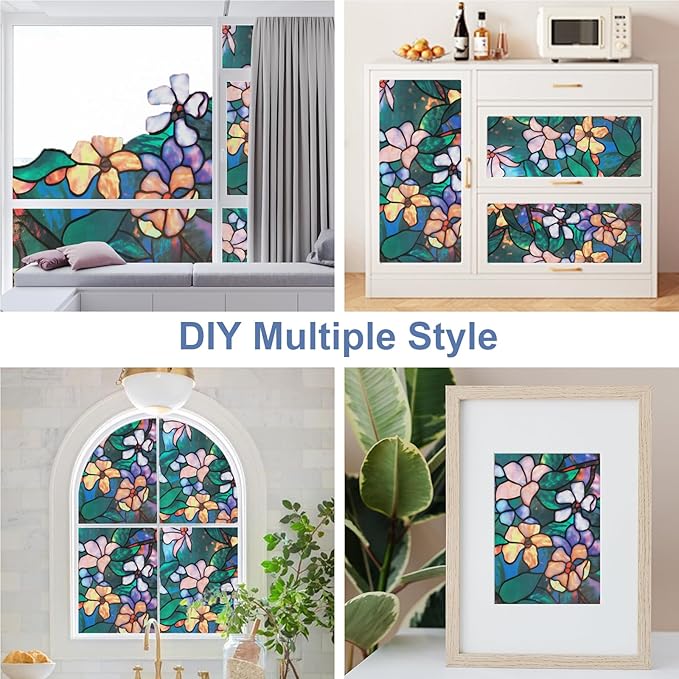 Window Privacy Film Stained Glass Window Films Day and Night, Static Cling Decorative Window Tinting Clings Door Covering for Home, Bathroom, Sun Blocking Decals Stickers (17.5" x 78.7")
