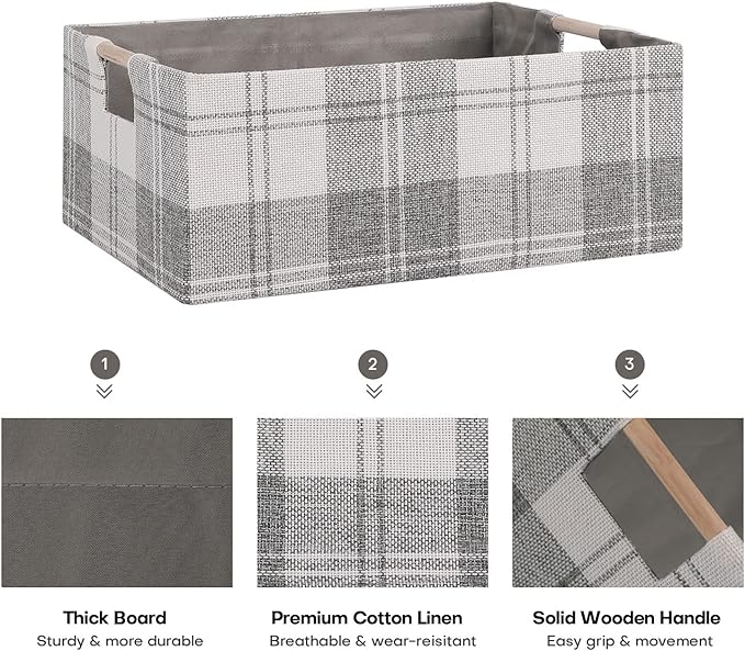 Fabric Storage Bin Box Collapsible Cotton Linen Storage Cube with Wooden Handles Rectangular Decorative Home Organizer Clothes Blanket Basket– Light Gray Plaid, Small