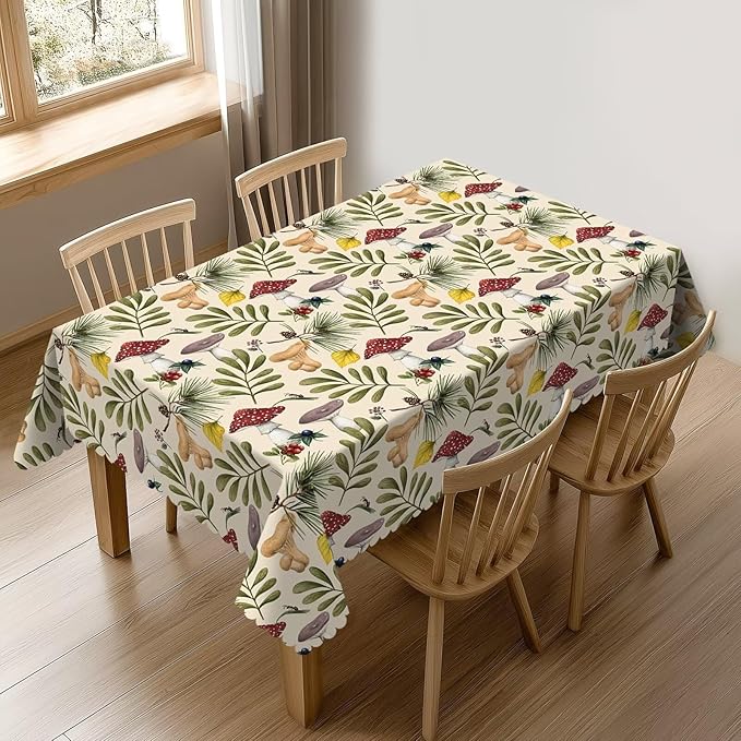 VIMPEYDON Forest Mushroom Table Cloth for Dining Tables, Reusable Herb Botanical Tablecloths Kitchen Plant Green Leaves Tabletop Decoration Rectangle Table Cover for Holiday,Party,Picnic, 54x72 Inch