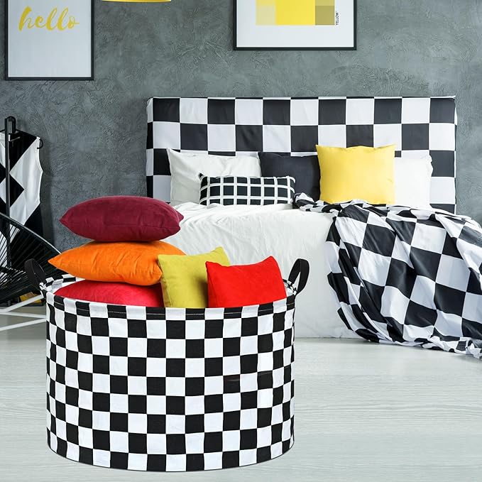 Checkered Storage Basket Extra Large 80L Kids Hamper Baby Laundry Basket Waterproof Toys Car Organizer Collapsible Canvas for Home/Dorm/Pet/Office/Closet/Shelf/Gift Baskets