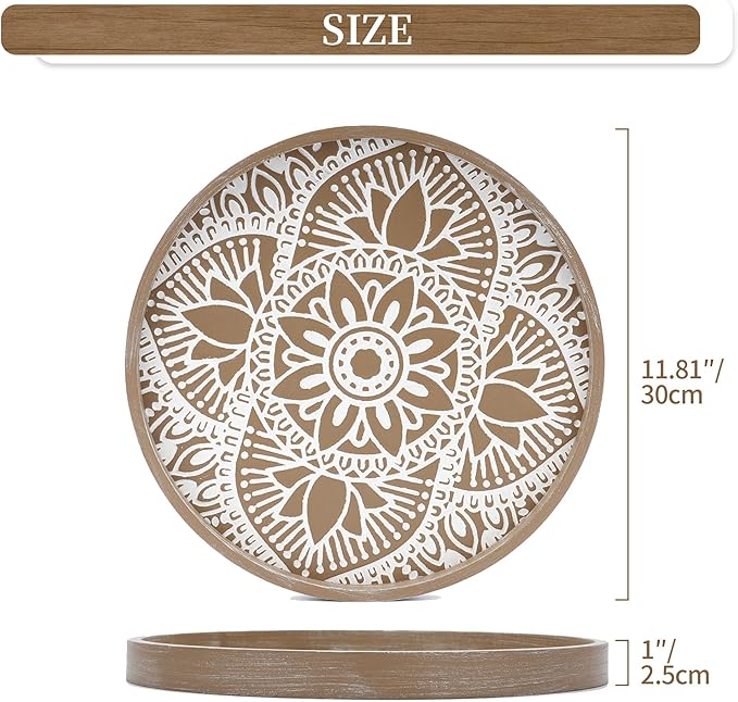 Hanobe Round Decorative Tray for Centerpiece: 2Pcs Vintage Coffee Table Trays with Boho Bead Garland for Home Decor - Farmhouse Wood Serving Platter Circle for Kitchen Counter Women