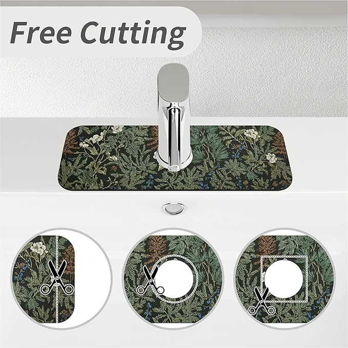 Kitchen Sink Splash Guard，Dark green forest Faucet Mat Sink Gadgets-Super Absorbent Fast Drying Mat Drip Catcher for Kitchen, Bathroom,Sink Mat, Dish Drying Mat, Bathroom(15" X 5.5" )
