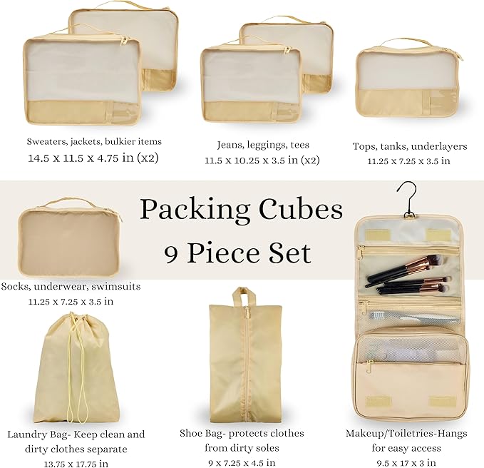 9 Set Packing Cubes - Suitcase Organizer, Cute Packing Cubes, Travel Bags Organizer for Luggage with Hanging Toiletry and Shoe Bag, Travel Essentials for Women, Men and Kids -Beige