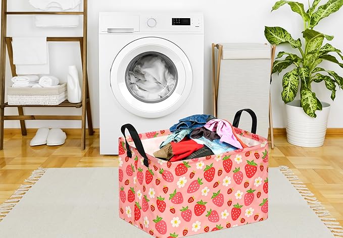 KUNRO Rectang Storage Basket Gift Shelf Basket Storage Bin, Nursery Basket Organizer Box for With Handles for Room Deco (Strawberry)