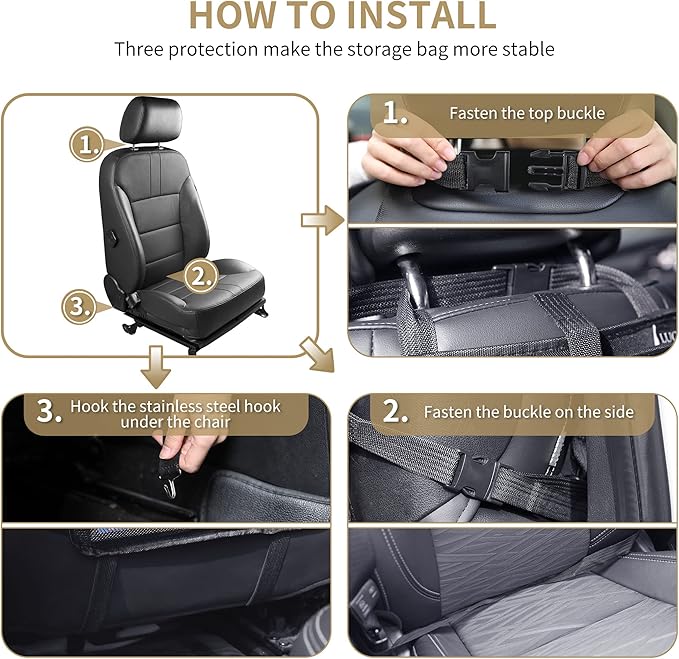 LUCMO Car Backseat Organizer with Touch Screen Tablet Holder, 9 Storage Pockets, Protectors Kick Mats, Travel Accessories (Black, 2 Pack with Food Tray)