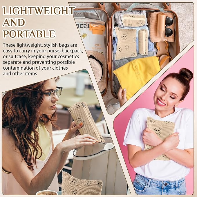 3 Pcs Makeup Bag Set for Women Corduroy Cosmetic Pouch Aesthetic Smile Travel Toiletry Bag Cute Purse Pouch Pencil Case Makeup Brushes Storage Organizer for Christmas(Khaki,Smile Face)