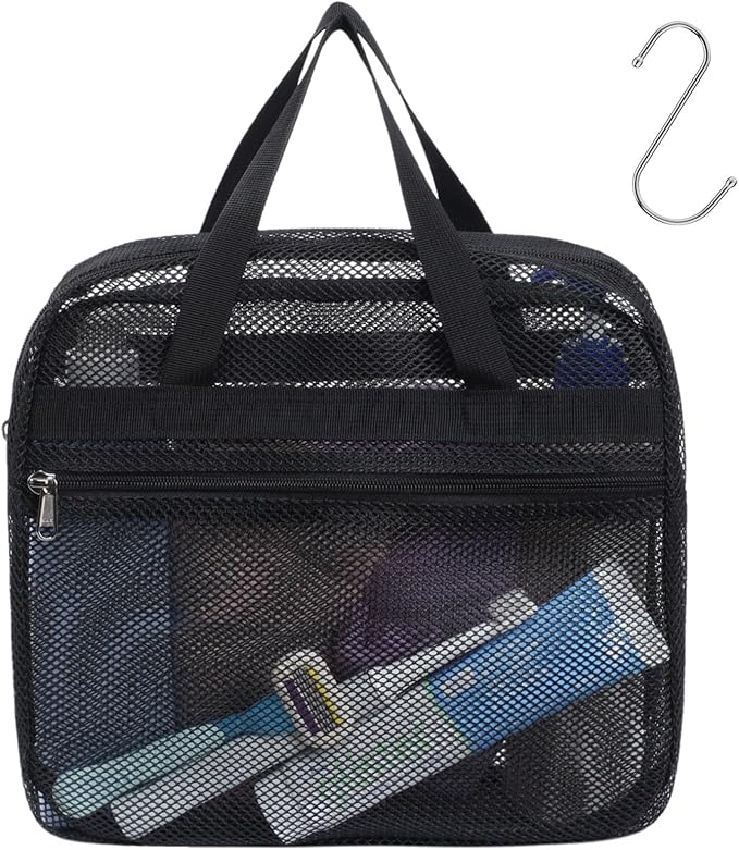 F-color Mesh Shower Caddy Portable with Zipper - Dorm Room Essentials for Guys and Girls with S Hook, Shower Bag Basket Tote for College, Camping, Toiletry, Bathroom, Black