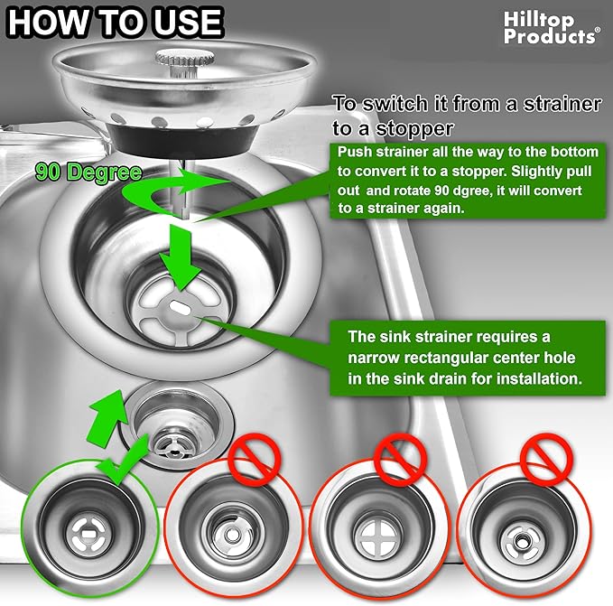 2 Pack - Kitchen Sink Strainer and Stopper Combo Basket Replacement for Standard 3-1/2 inch Drain, Stainless Steel Basket with Plastic Knob, Rubber Stopper Bottom - Hilltop Products