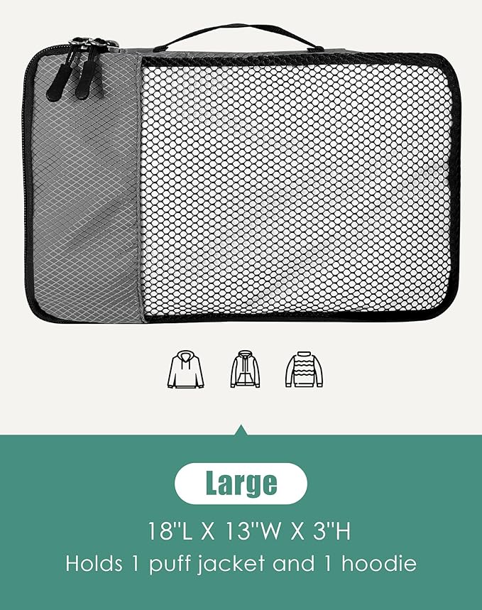 4-Piece Packing Cubes Travel Accessories Set for Suitcases - Luggage Organizer Bags with Double Zipper - Mesh Top - Large - Dark Grey