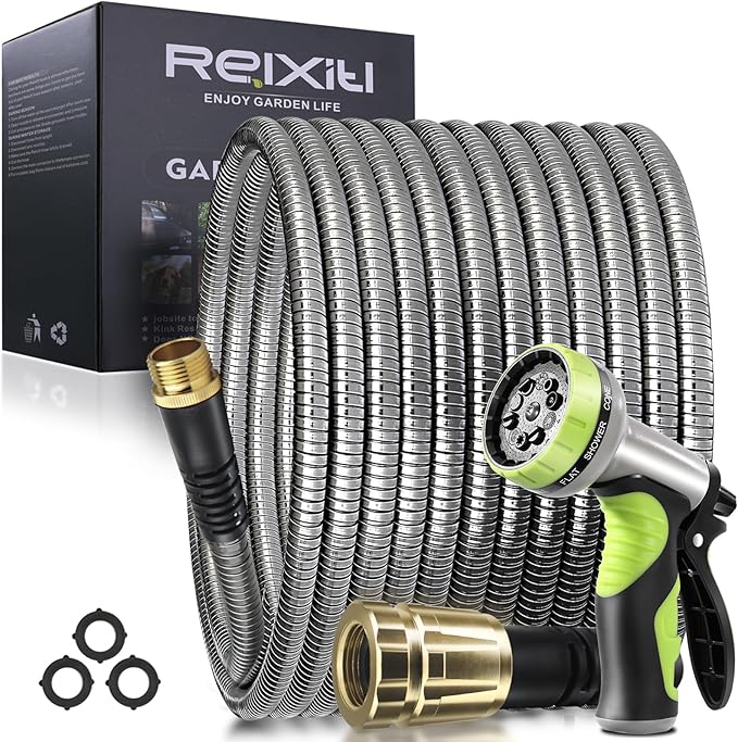 50FT Metal Garden Hose - Stainless Steel, Heavy Duty, Flexible & Lightweight, Never Kink and Tangle, with 10-Function Nozzle, Pressure Resistant for Outdoor Use (Yellow)