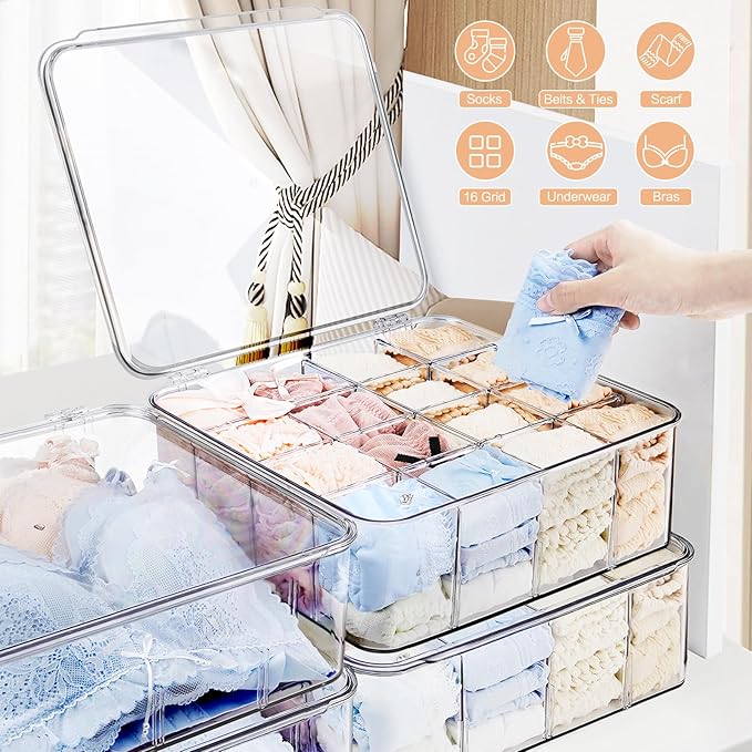 Sock Underwear Organizer, 16 Compartment Adjustable Dividers Bras Socks Underwear Drawer Organizers for Closet, Clear Plastic Storage Containers Box with Lids for Ties Bra Scarf Socks