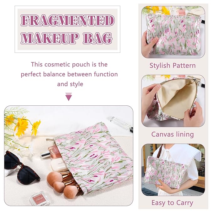 ZLFSRQ Flower Makeup Bag Travel Cute Floral Cosmetic Bags for Women Large Toiletry Pouch Zipper Cosmetic Pouch for Purse Aesthetic Embroidery Makeup Organizer Bag Portable Toiletry Bags(Green &Pink)