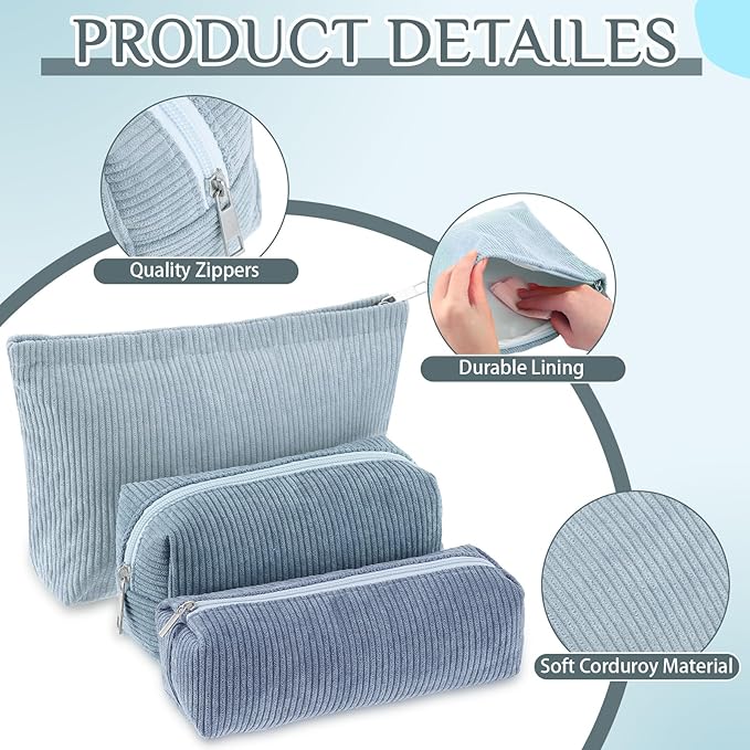 3 Pcs Makeup Bag Set for Women Corduroy Cosmetic Pouch Aesthetic Smile Travel Toiletry Bag Cute Purse Pouch Pencil Case Makeup Brushes Storage Organizer for Christmas(Blue,Gradient)