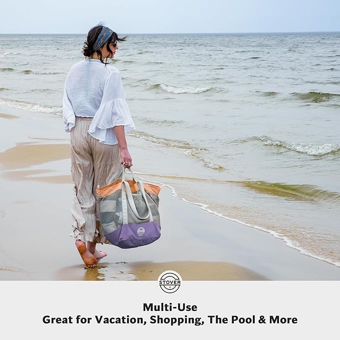 STOVER Large Mesh Beach Bag, Vacation, Pool, Shopping, & Travel Tote - Foldable w/Storage Pockets for Women, Men & Families