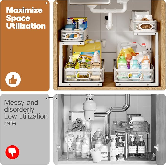 Biboraya 2 Pack 19.3IN-Depth Under Sink Organizer with Smooth Cylindrical Rail, 2-Tier Pull Out Multi-Purpose Cabinet Storage for Bathroom & Kitchen, Height Adjustable, Rust-Resistant Coating - White