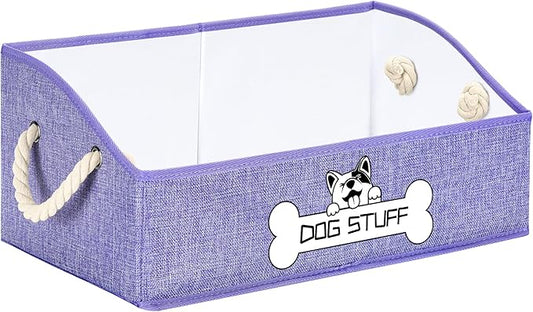 Collapsible Fabric Dog Toy Box and Storage Bin With Handle - Trapezoid Basket Chest Organizer for Pet Toys, Blankets and Accessories, Purple