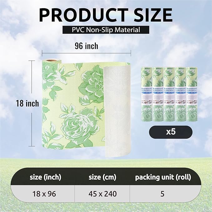 FIFTY FEET 18X96 Inch Shelf Liner for Kitchen Cabinets, PVC Drawer Liner for Dresser Non-Slip Bathroom, Non-Adhesive Cabinet Liner Washable (Green Flower)(5 Roll)