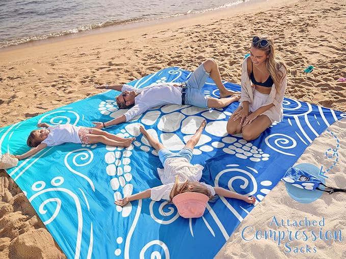 WEKAPO Beach Blanket Waterproof Sandproof Oversized Extra Large Sand Free Beach Mat with Stakes, Storage Bag - Essentials for Outdoor Beach, Picnic (Gradient Blue Sea Turtle, 11 X 9 FT (1~10 Person))