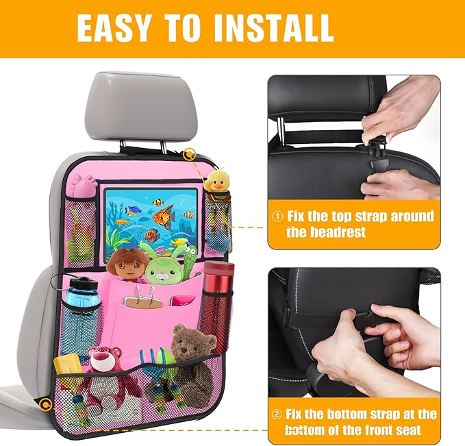 Car Backseat Organizer with 11" Tablet Holder, 10 Storage Pockets, Seat Back Protectors, Kick Mats for Kids & Toddlers, Travel Accessories, 2 Pack, Pink