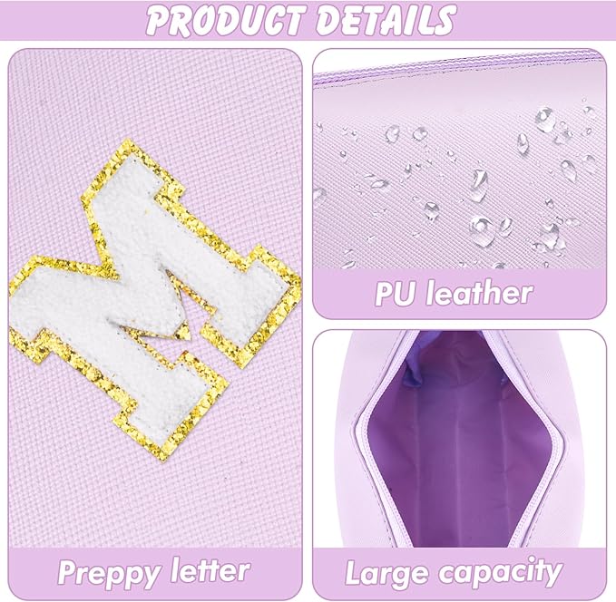 Gifts for Girls Initial Makeup Bag Personalized Cosmetic Bag with Zipper Cute Travel Toiletry Bag Waterproof PU Preppy Makeup Pouch Birthday Gift for Teen Girls Women(Purple M)