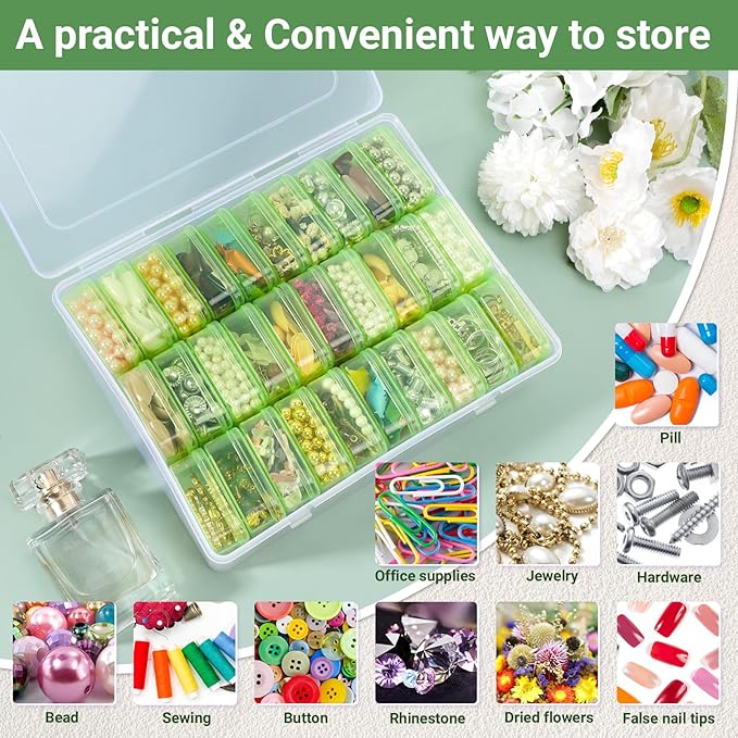 Cosics Bead Storage Containers, Clear Plastic Bead Organizer Case with Hinged Lid and Labels, Mini Craft Storage Box for Small Projects, Jewelry Kit, DIY Craft Supply, Stickers, False Nails, Green