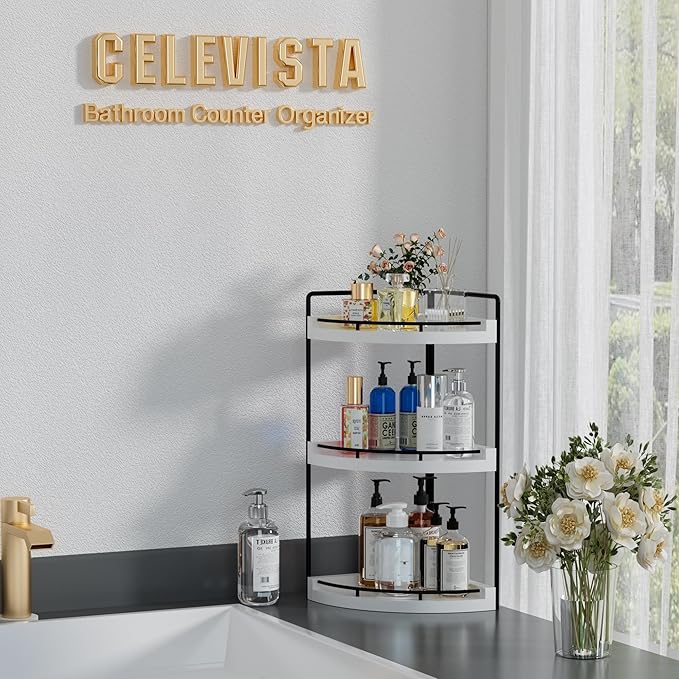 Corner Bathroom Counter Organizer, 3 Tier Bathroom Sink Shelf Countertop, Wood Vanity Skincare Storage for Toiletries Decor, Makeup, Dresser (White)