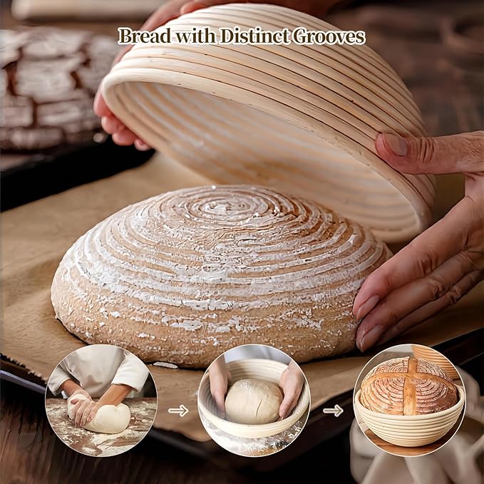 Banneton Bread Proofing Basket - Proofing Basket Set of 2 (9 inch Round) - Natural Rattan Banneton with 4 Linen Liners - Bread Basket for Sourdough Bread Baking Supplies