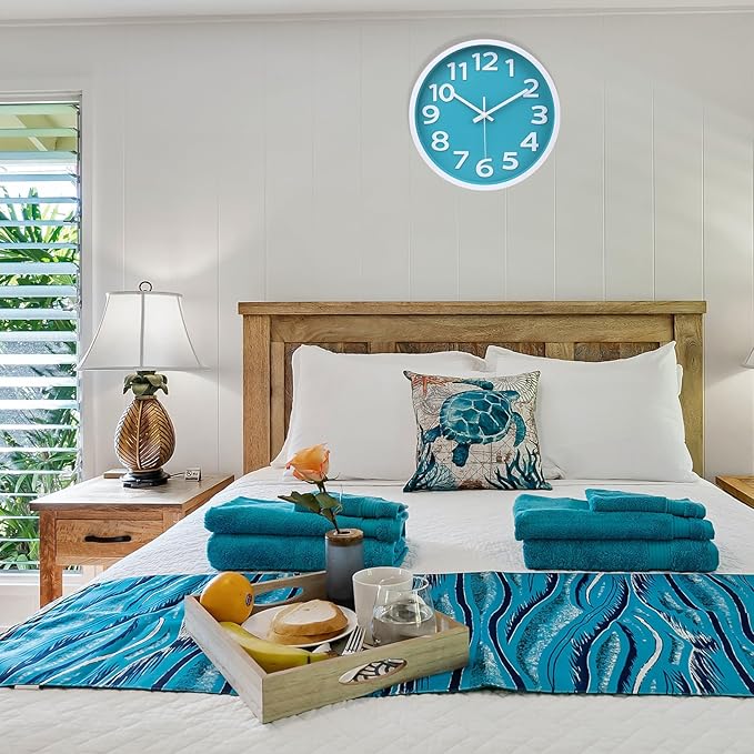 Wall Clock Silent Non Ticking Indoor Outdoor Clock Battery Operated Easy to Read Analog Coastal Decor Clocks for Bedroom Office Home Patio Pool Porch Decor,12 Inch Aqua