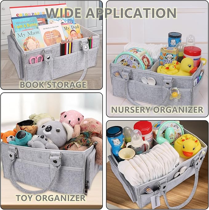 Baby Diaper Caddy Organizer with Handle - Gender Neutral Nursery Storage Bin Basket - Portable Tote Bag - Car Organizer - Newborn Essentials - Grey