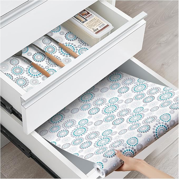 Drawer and Shelf Liner, Non-Slip Kitchen Cabinet Liners Non-Adhesive Thick Strong Grip Waterproof Washable Mats Protect Dresser Shelves Cupboard Bathroom Cabinets, Spiral, 18 in X 10 FT
