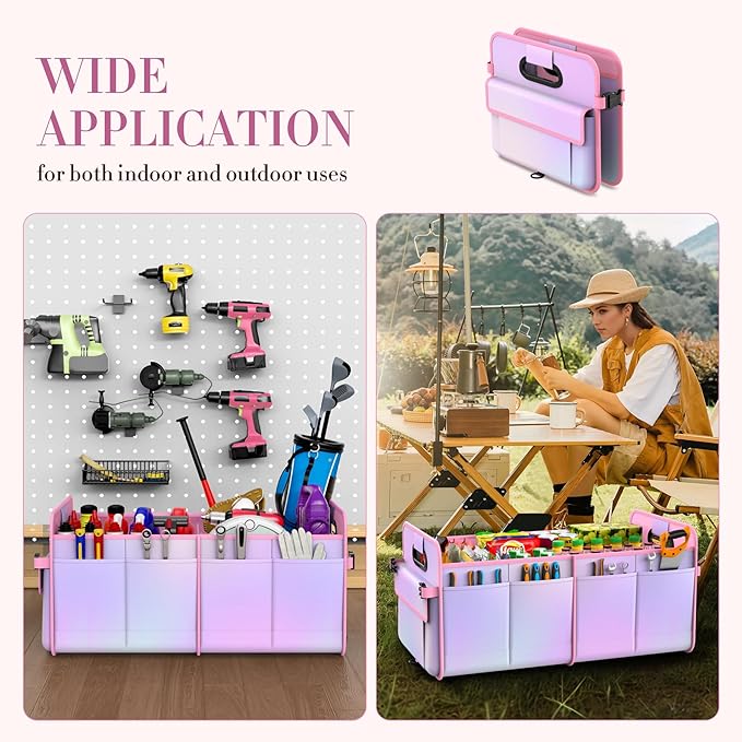 Trunk Organizer For Suv&Sedan,Car Organizers & Storage, Waterproof Collapsible & Adjustable Straps,70L Sturdy Car Organization for Car Accessories,Tools,Sundries,2-3Compartment(Colorful Pink)