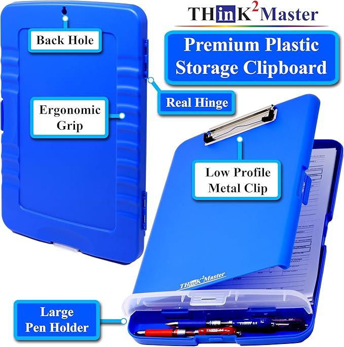 Think2Master Blue Plastic Storage Clipboard with Pencil Holder. | 25% Heavier & 25% Sturdier| Heavy Duty. Must Have for Nurses, Teachers & Classrooms.