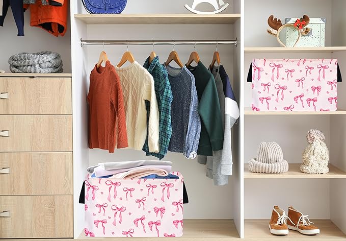 Rec Pink Bowknot Print Storage Box Clothes Hamper Basket Collapsible Organizer Bin Gift Shelf Baskets for Home and Kitchen Storage.