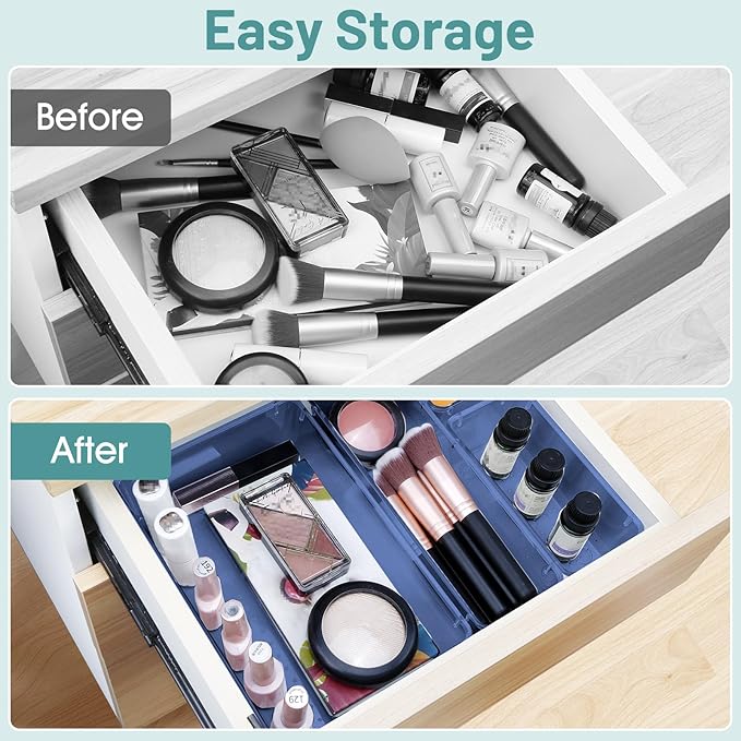 WOWBOX 25 PCS Plastic Drawer Organizer Set, 4 Sizes Desk Drawer Divider Organizers and Storage Bins for Makeup, Jewelry, Gadgets for Kitchen, Bedroom, Bathroom, Office, Clear Dark Blue