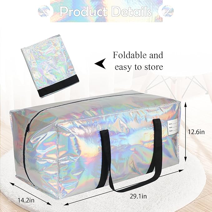 2 Pack Heavy Duty Moving Bags Extra Large Waterproof Foldable Clothing Storage Totes Bags with Zipper, Reinforced Handles, Packing Moving Boxes for Dorm & Seasonal Storage, Iridescent