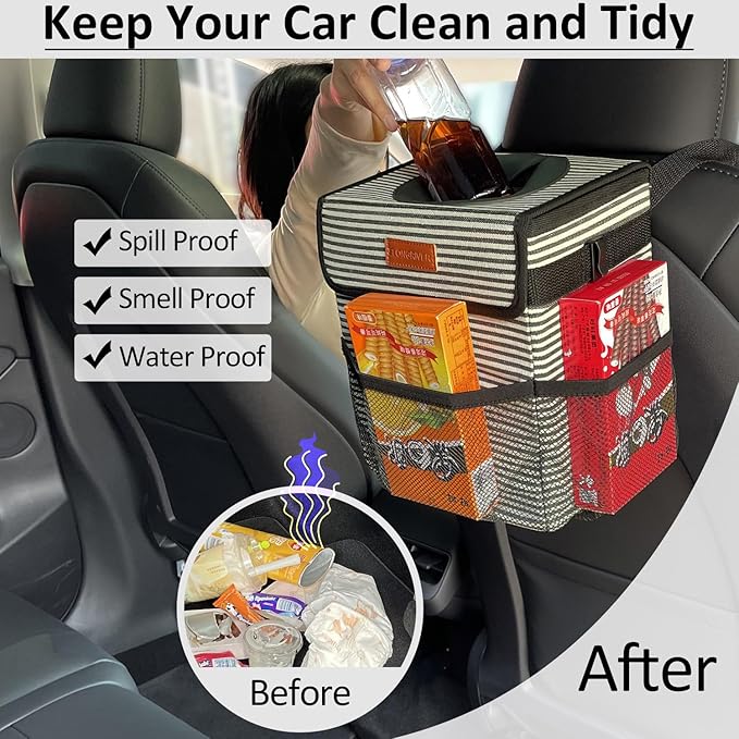 ELONGRIVER Car Trash Can Bin for Back Seat Leak Proof, Cute Car Trash Bag Hanging, Vehicle Trash Can for SUV Truck Van, Automotive Garbage Cans Front Seat Stripe