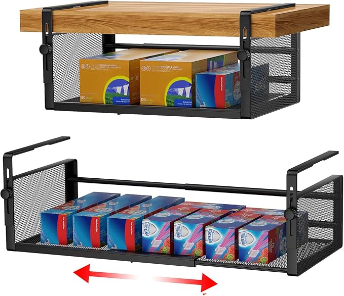 AmonHouseware 2-Pack Under-Shelf Baskets, Adjustable Hanging Under Cabinet Shelf Storage, Length Stretchable 14.9-22.6 Inches for Kitchen Pantry Desk Counter Bookshelf Cupboard (Black)