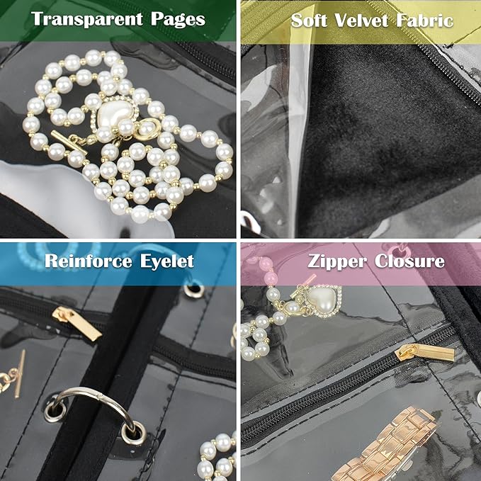 Travel Jewelry Organizer Case, Jewelry Bags for Traveling, Jewelry Binder with 24 Pcs Clear Zipper Velvet Pouches for Storing Earrings, Rings, Necklace, Bracelet, Watch (Black)