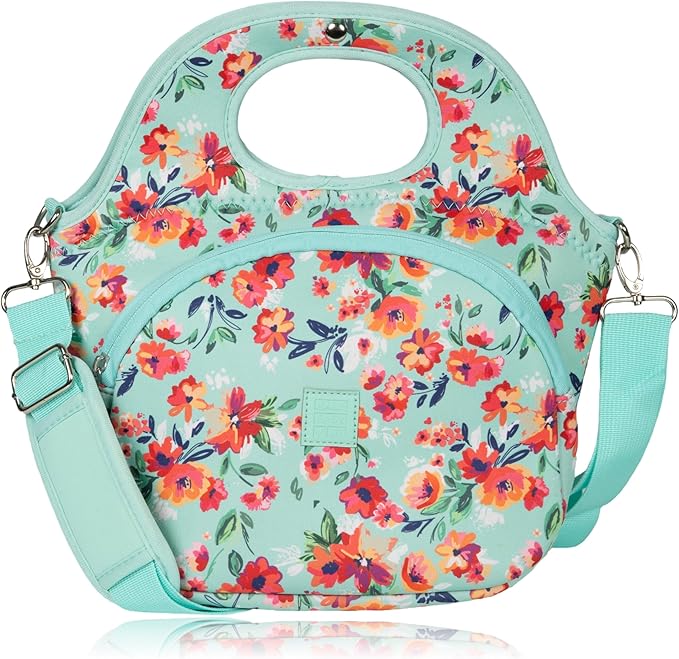 Made Easy Kit Large Insulated Lunch Tote Bag – Stylish Neoprene Carrier Foil Lining, Front Zipper Pocket & Shoulder Strap – Machine Washable, Lightweight, Travel Ready (Teal Floral)
