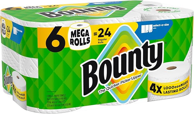 Bounty Select-A-Size Paper Towels, White, 6 Mega Rolls = 24 Regular Rolls