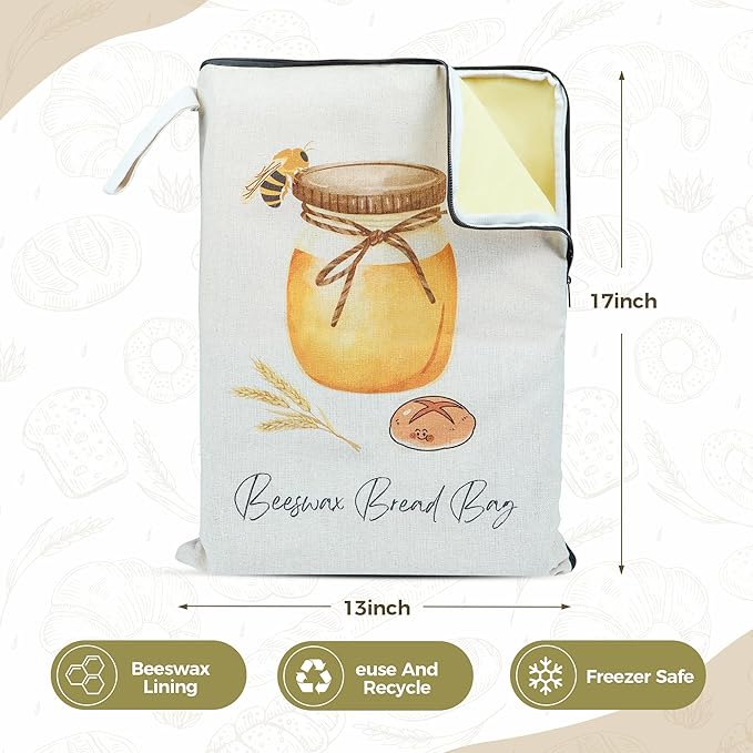2 Packs Wide Zipper Access Beeswax Bread Bags for Homemade Bread,Linen Outer Lining and Pure Cotton Beeswax Inner Lining Moisture-proof Construction,Reusable XLBread Bag with Zip Keeps Fresh Longer