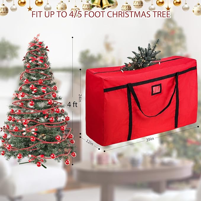 Christmas Tree Storage Bag, Fits Up 4 Ft / 5 Ft Tall Artificial Trees-Heavy Duty Holiday Storage Box with Durable Reinforced Handles & Zipper & Pocket- 600D Oxford Tree Storage Container, Red