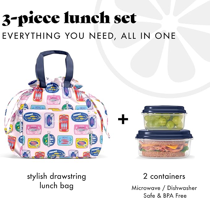 Fit & Fresh Cromwell Drawstring Lunch Bag for Women, Complete Lunch Set with 2 Containers, Stain-Resistant, Leak-Resistant, Back to School Essential, Teacher Lunchbox, Assorted Sardine Cans